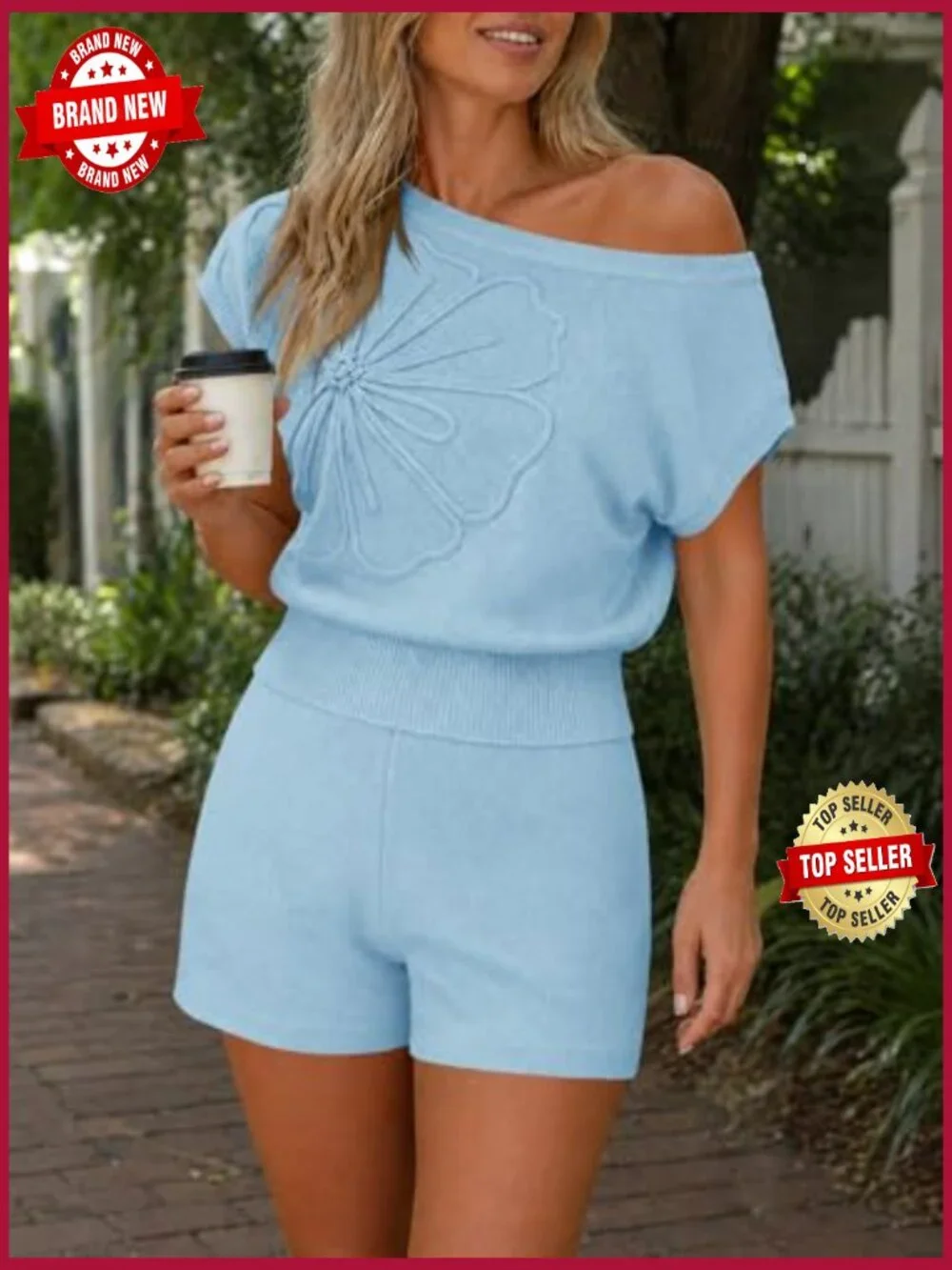 Off Shoulder 2 Piece Sweater Shorts Set Short Sleeve Floral Matching Lounge Set